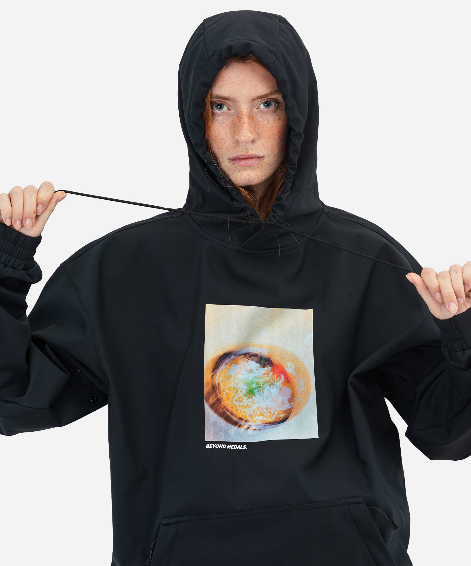 BeyondMedalsSoftshellHoodieBlack-ModelFrontWoman