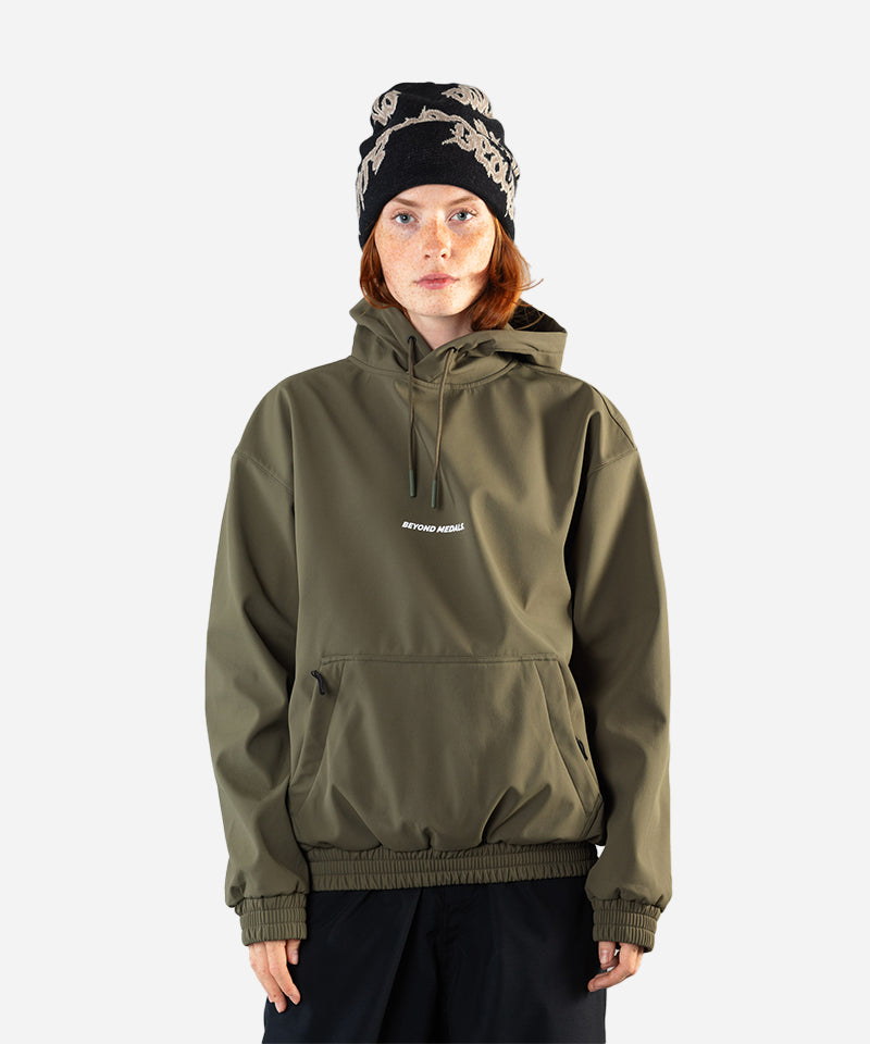 BeyondMedalsSoftshellHoodieGreen-ModelFrontWoman