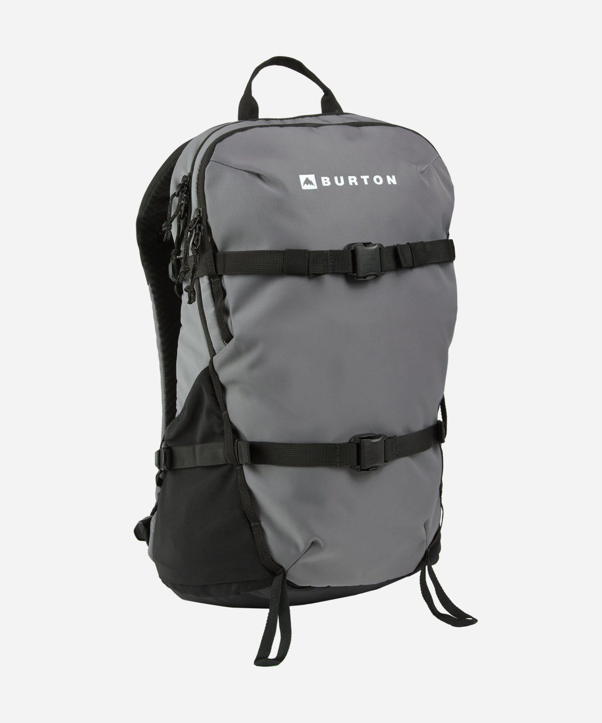 A gray and black Burton backpack with two black compression straps and a white Burton logo on the front, shown against a light gray background.
