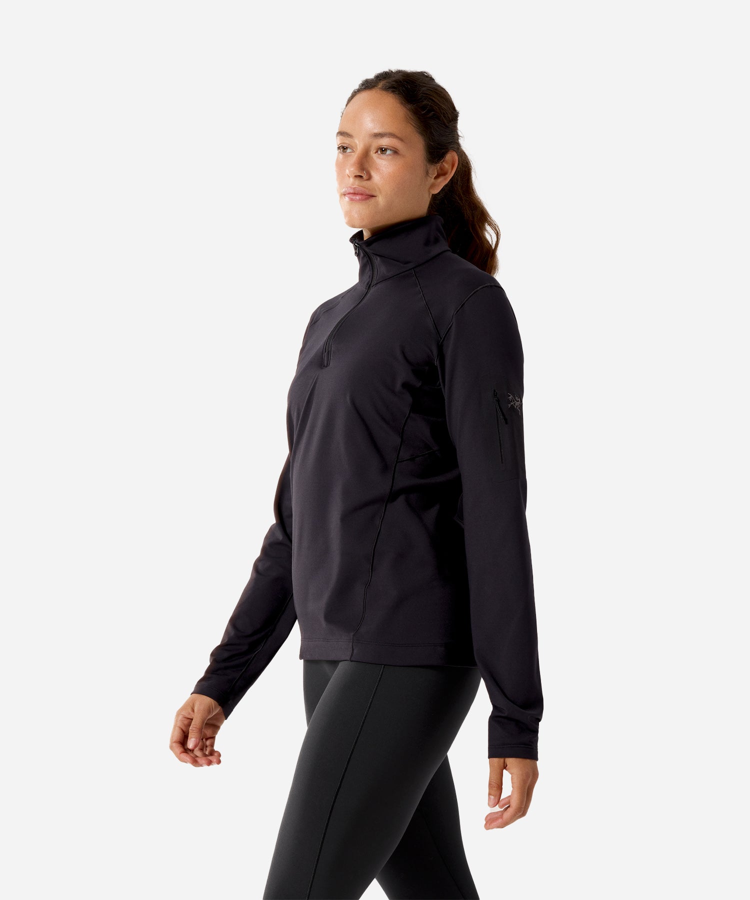 Arc_teryxWomen_sRhoZipNeckBaseLayerBlack-ModelFrontSide