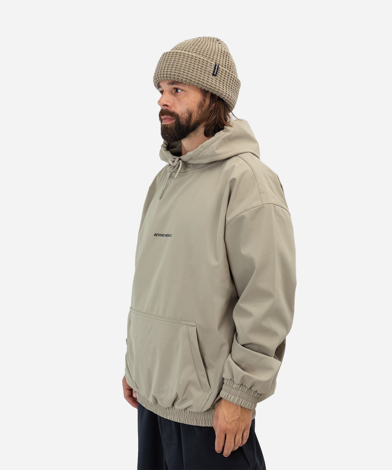 BeyondMedalsSoftshellHoodieBeige-ModelAngle