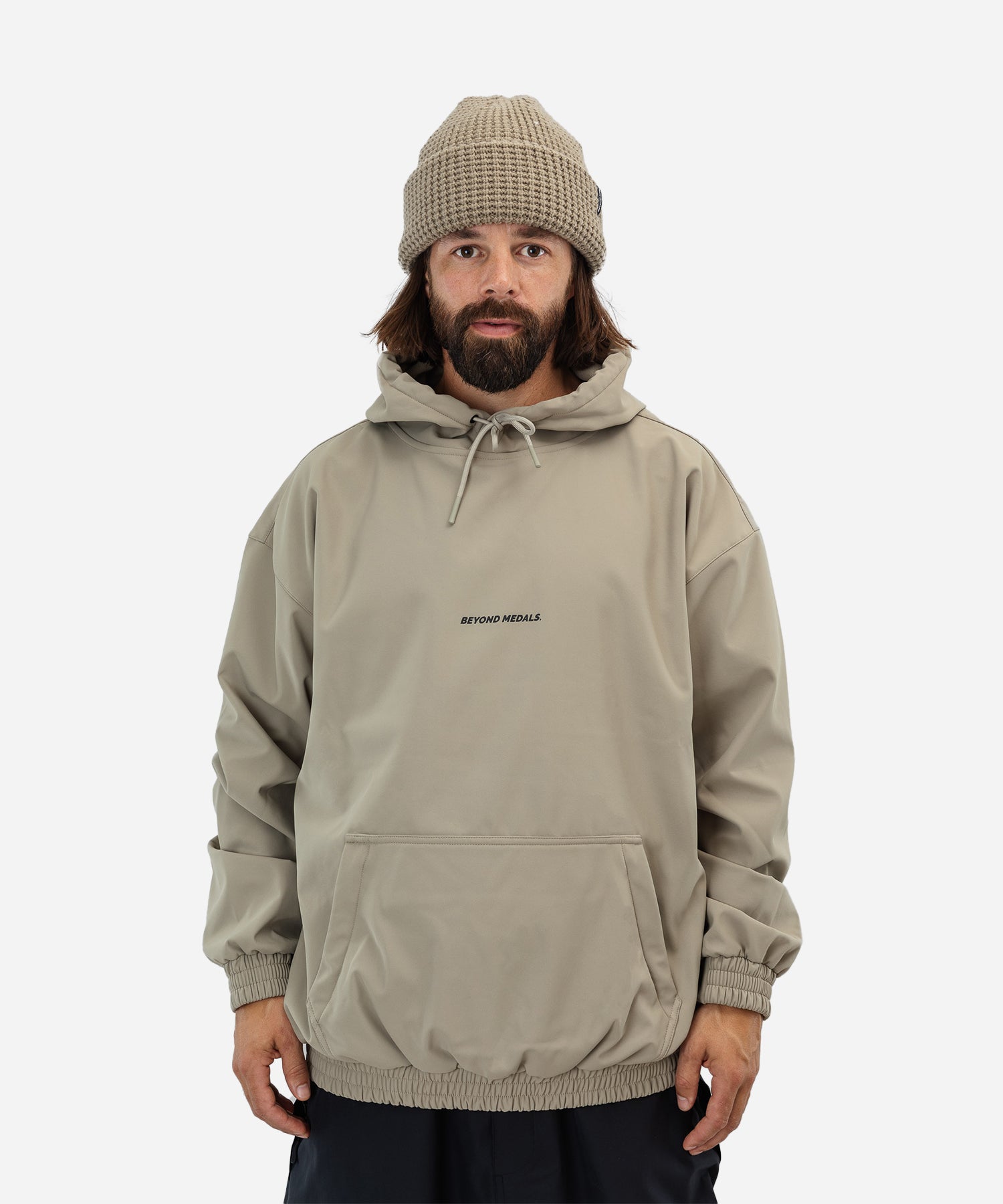 BeyondMedalsSoftshellHoodieBeige-ModelFrontMan