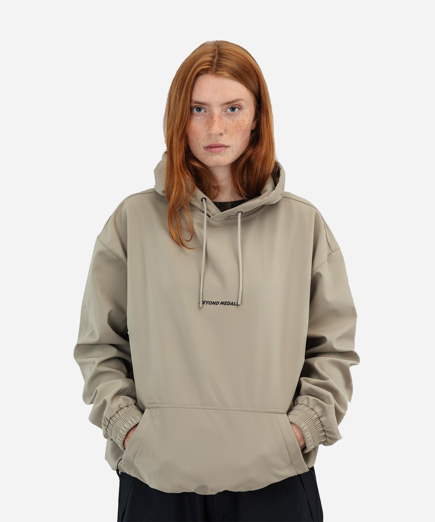 BeyondMedalsSoftshellHoodieBeige-ModelFrontWoman
