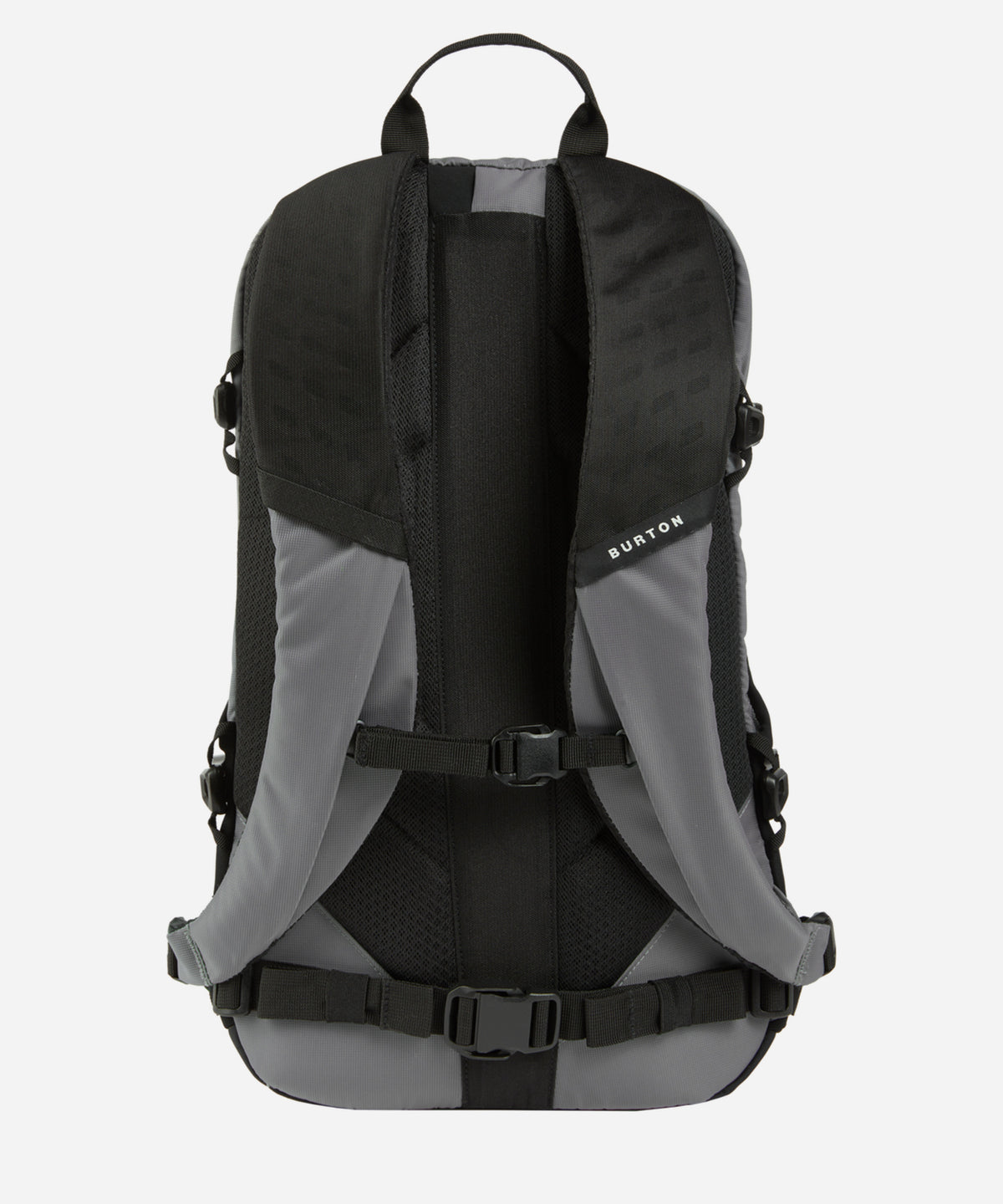 The back view of a Burton backpack in black and gray, featuring padded shoulder straps, a central compression strap, and a top carry loop, set against a plain light gray background.