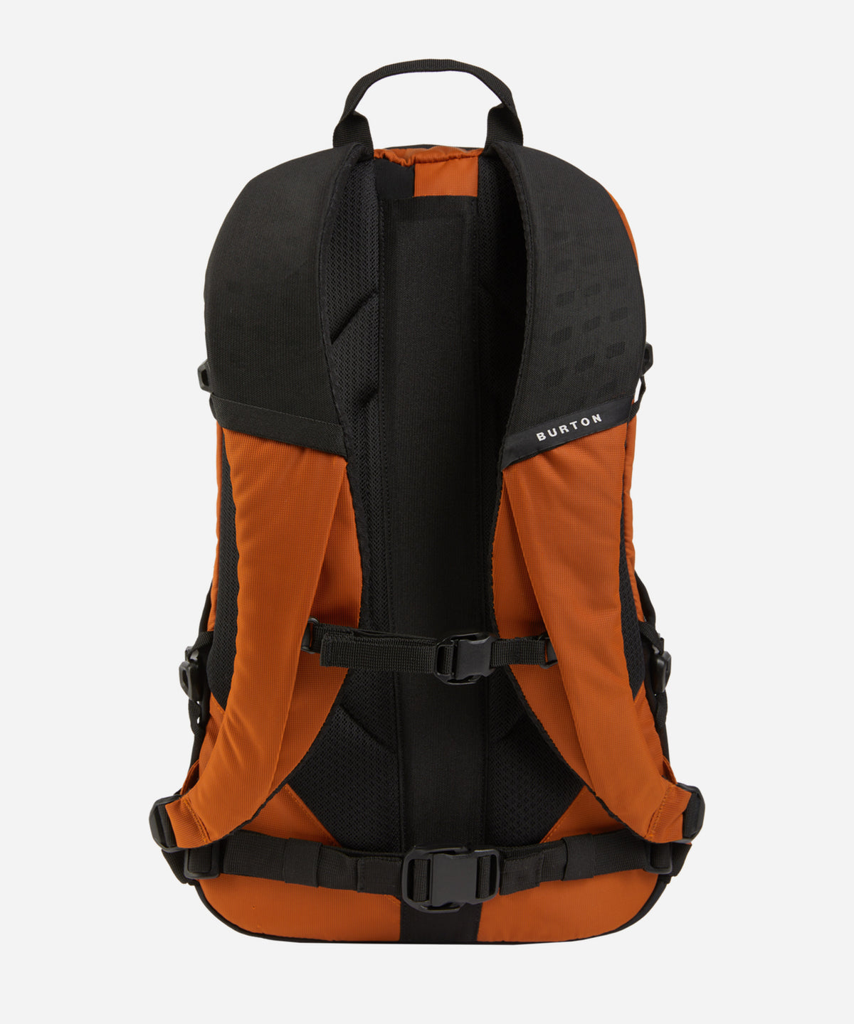 The back view of a Burton backpack in orange and black, showing the padded shoulder straps, ventilation mesh, and adjustable waist strap against a light gray background.