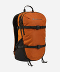 An orange and black Burton backpack shown from a three-quarter front view against a light gray background.