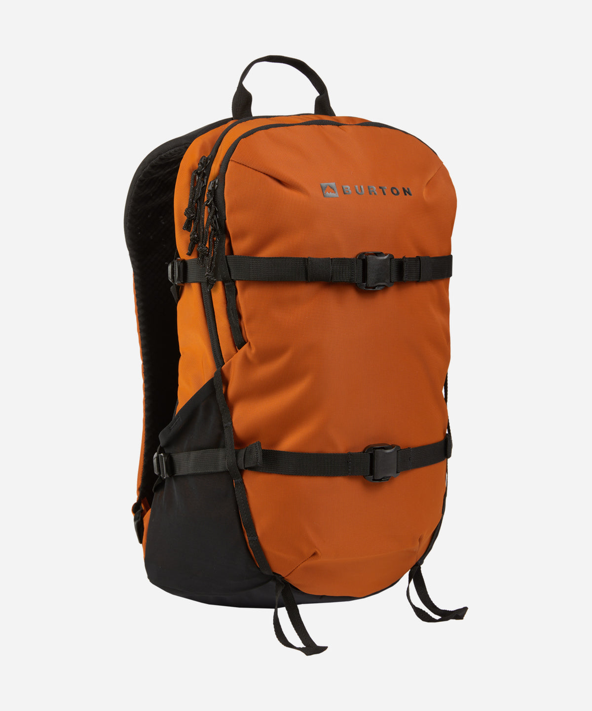 An orange and black Burton backpack shown from a three-quarter front view against a light gray background.